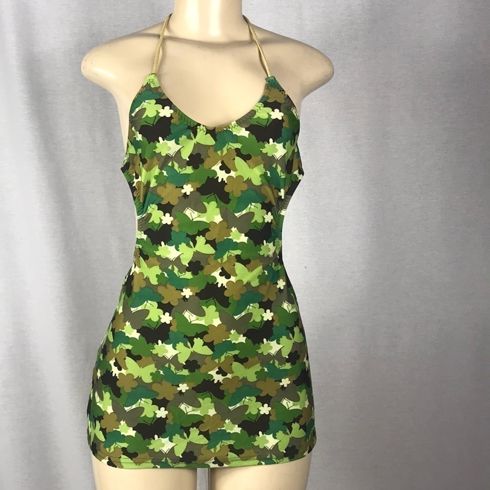 Zuliana Size Small Green Butterfly & Flower Print Mini Cover Up Dress. New